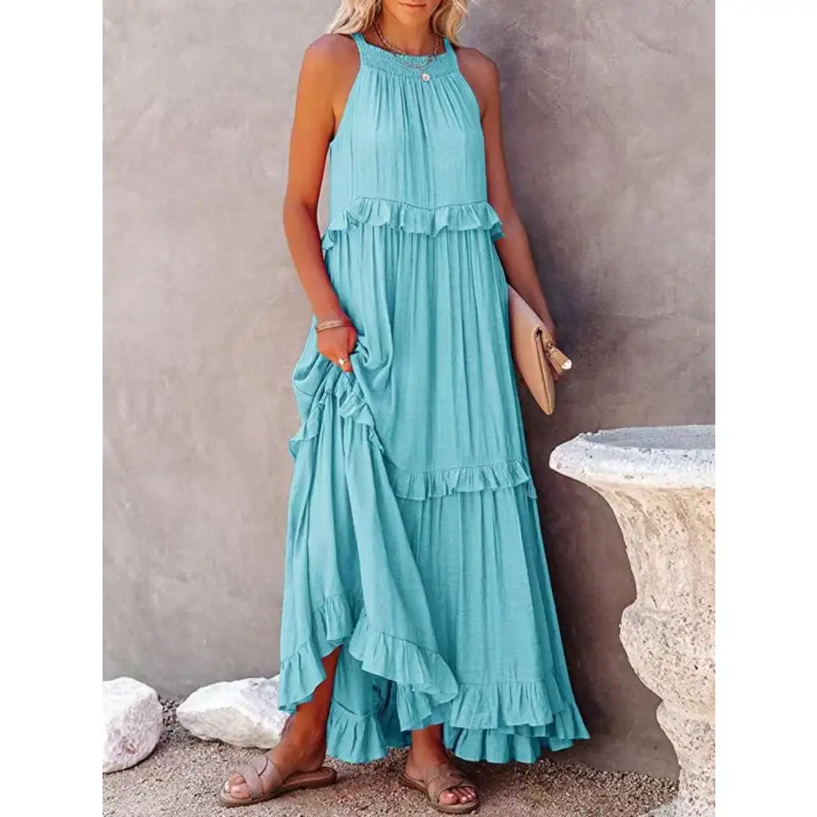 Ruffled Sleeveless Maxi Dress with Pockets