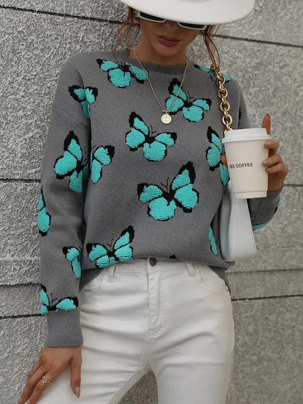 Butterfly Detail Round Neck Long Sleeve Relaxed Fit Sweater