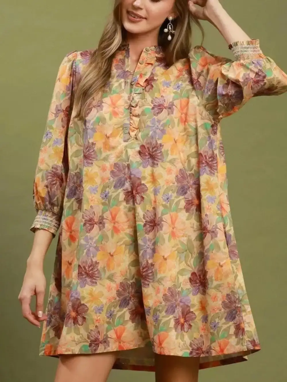Floral Print Three Quarter Sleeve Pocketed Dress