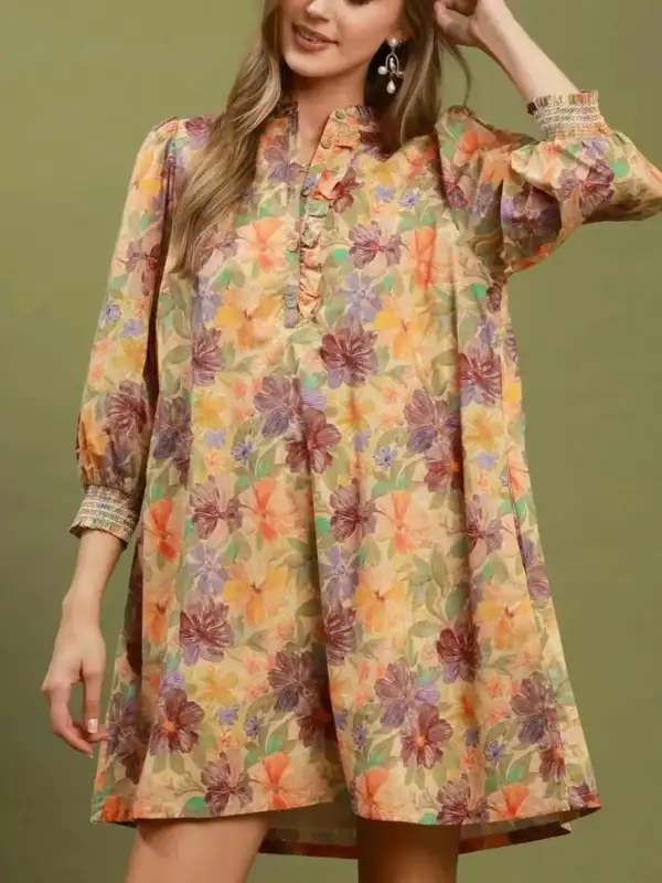Floral Print Three Quarter Sleeve Pocketed Dress