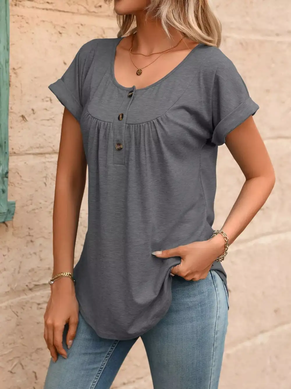 Casual Button Detail Henley T Shirt