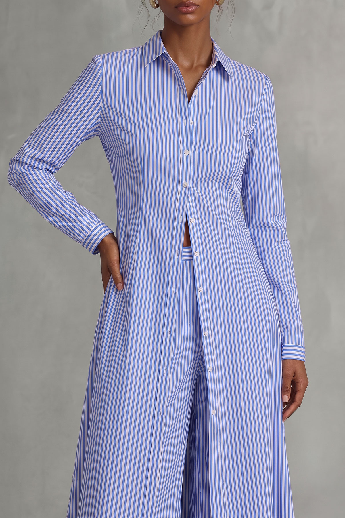 Button Front Striped Metal Detail Matching Pants Set