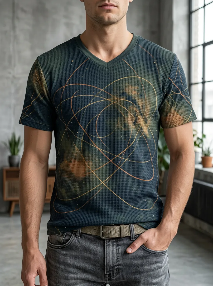 Men's Abstract Geometric Orbit Printed V-Neck T-Shirt
