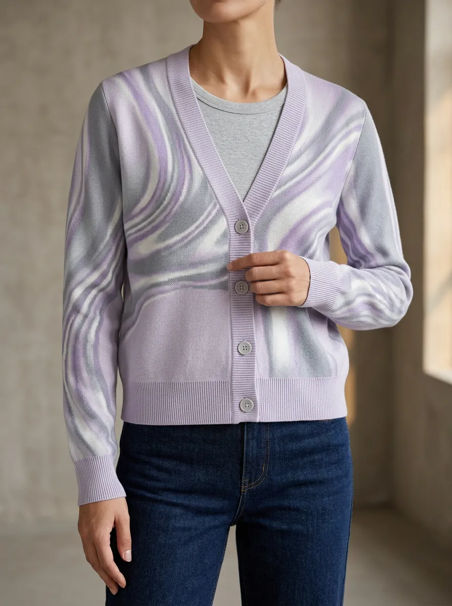Women's Swirl Pattern Printed Button Front Casual Layering Cardigan