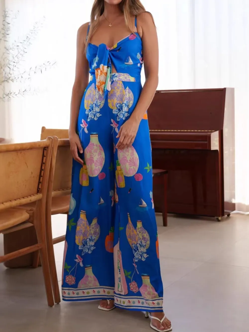 Printed Tie Front Wide Leg Jumpsuit