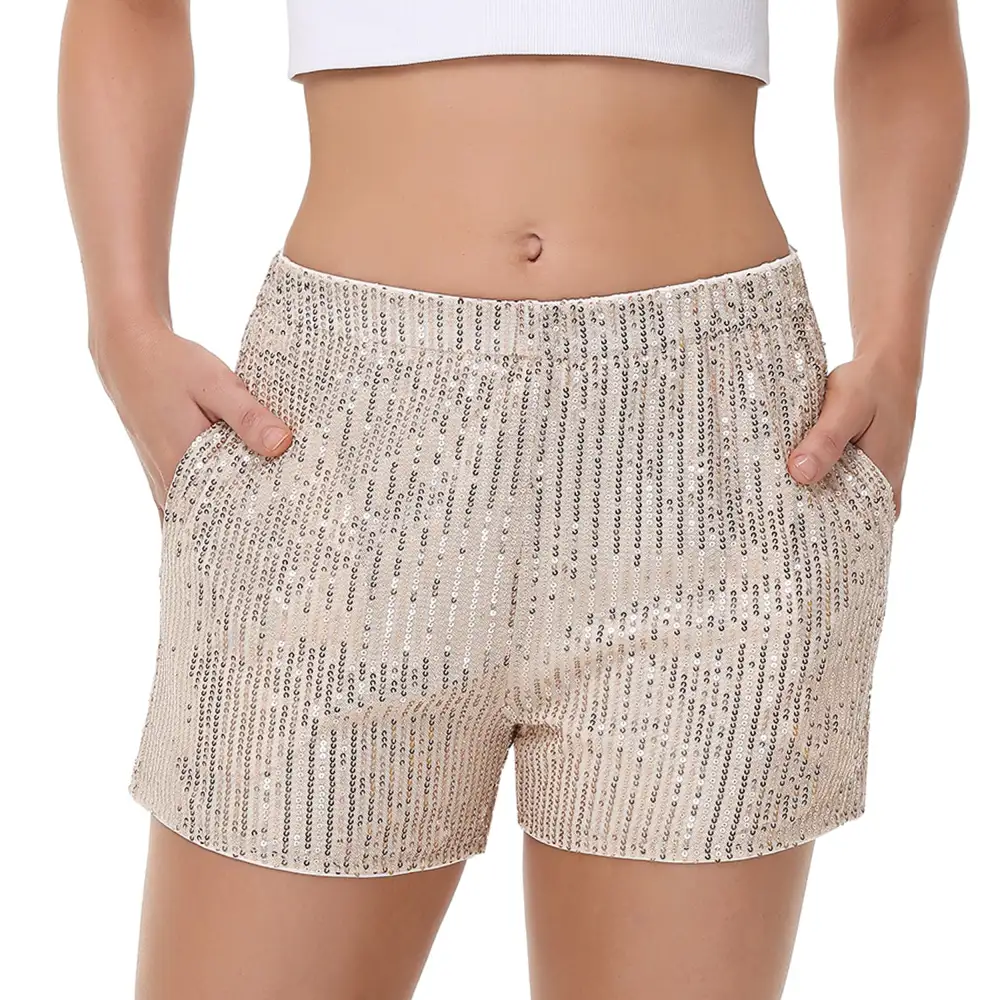High-Waist Elastic-Waist Pocketed Straight Sequin Shorts