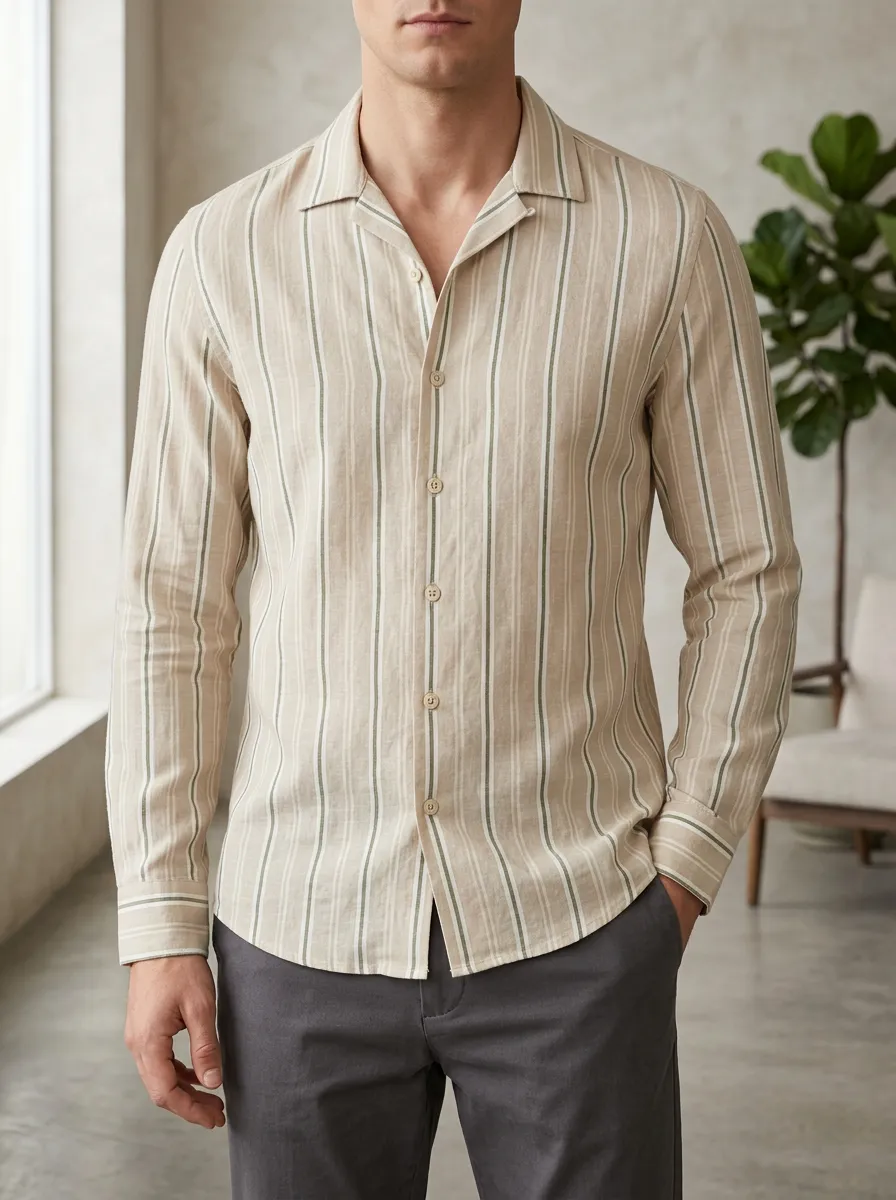 Men's Casual Style Beige Green Striped Printed Slim Fit Shirt