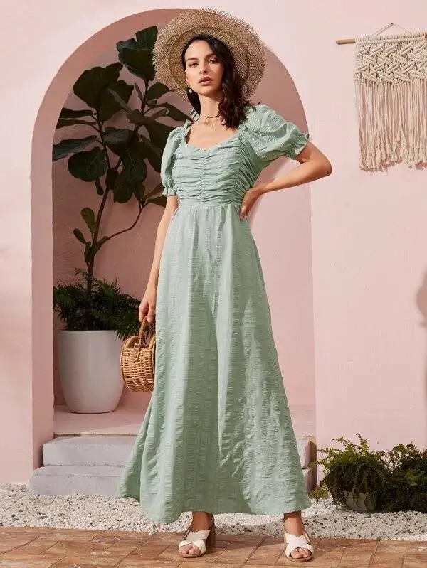 Women Ruched Front Shirred Maxi A-line Dress