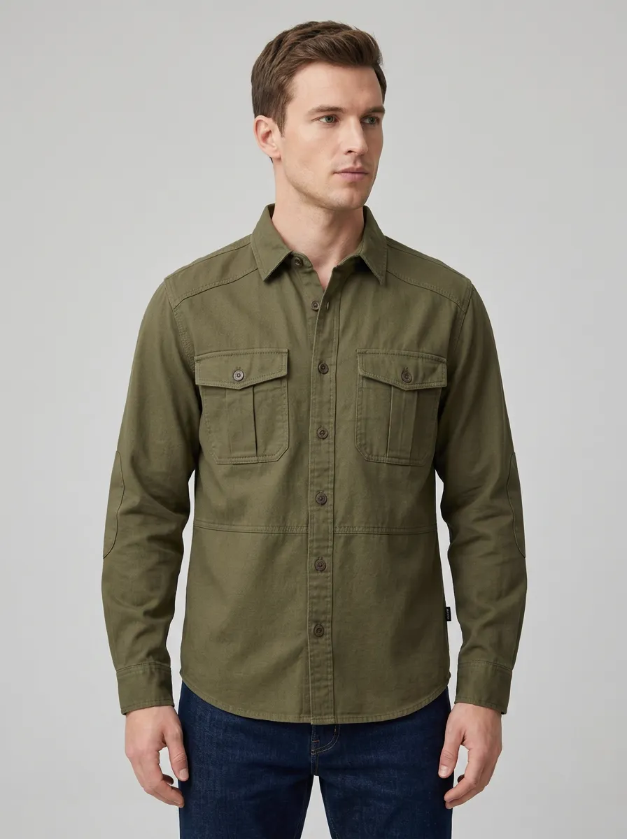 Men's Olive Utility Button-Down Shirt - Design G