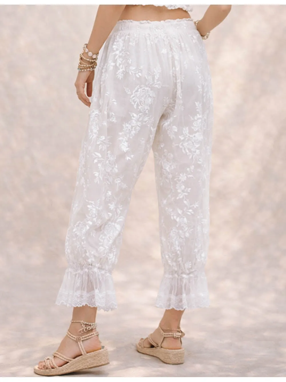 Lace Hem Flocked Elastic Waist Lantern Pants