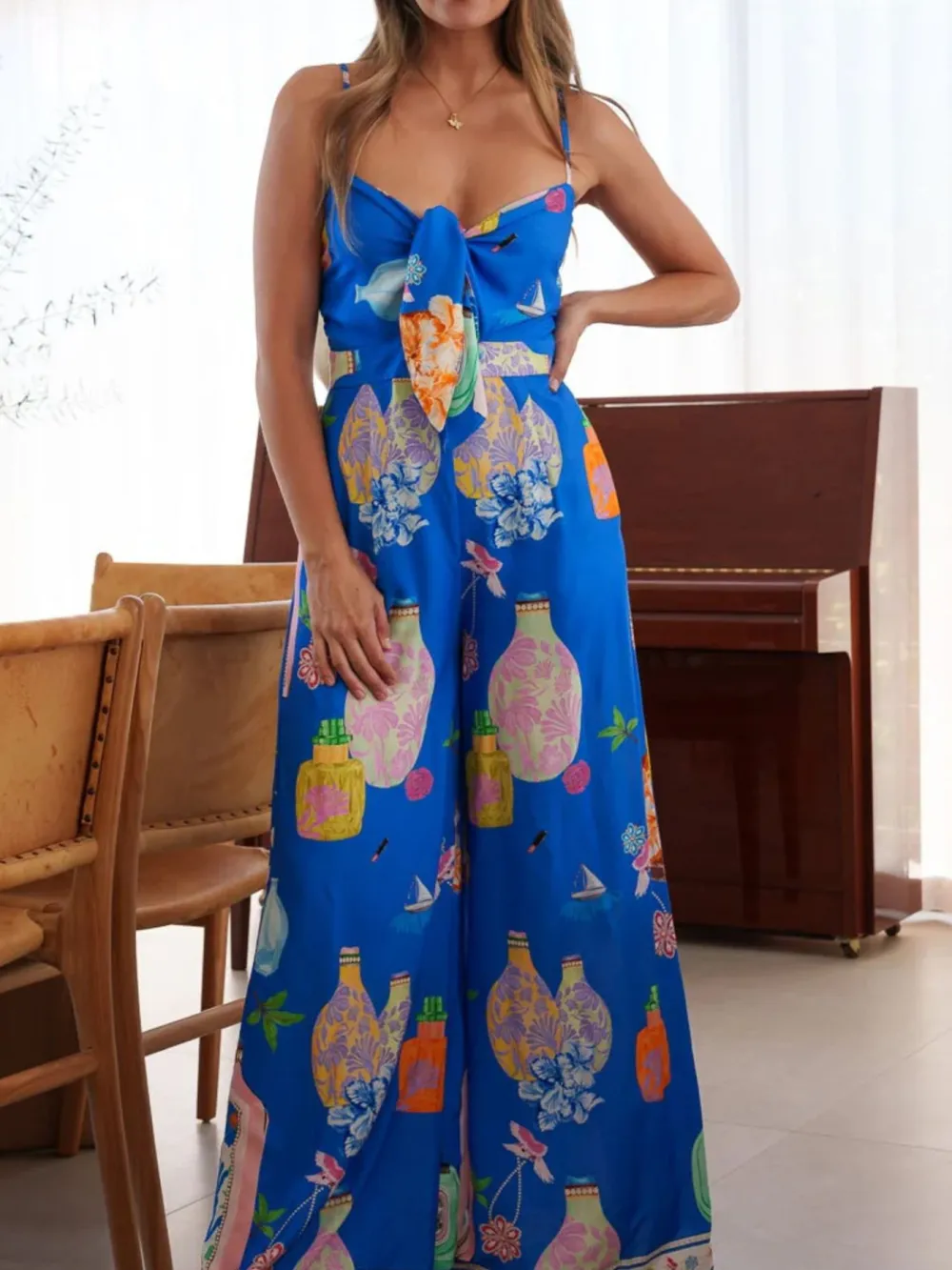 Printed Tie Front Wide Leg Jumpsuit
