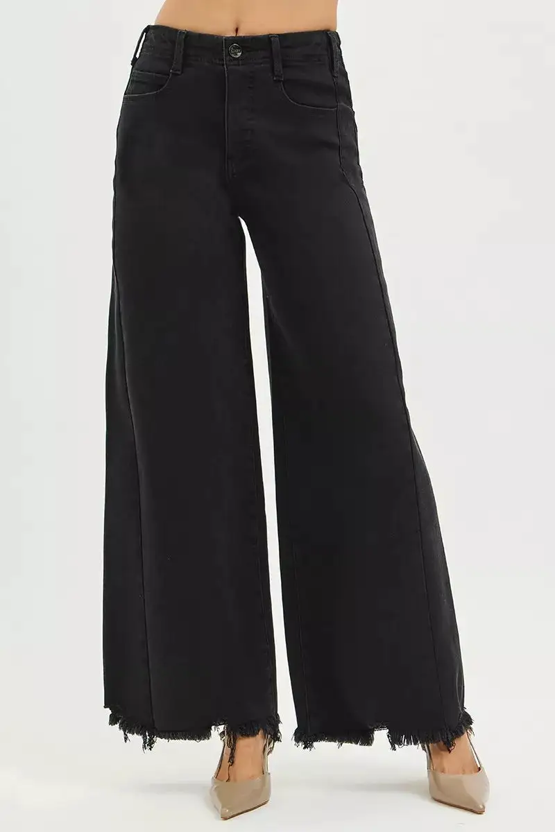 High Rise Frayed Hem Wide Leg Jeans