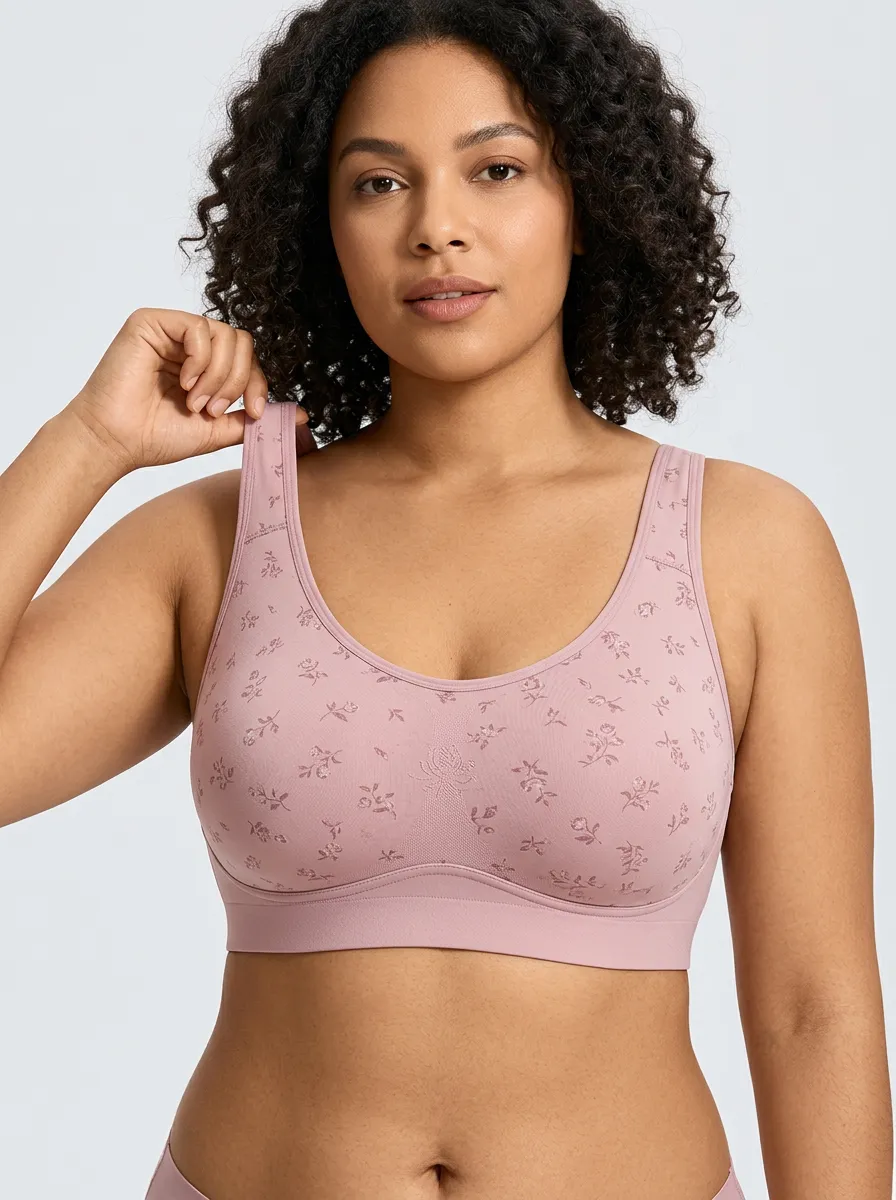 Women's Plus Size Dusty Rose Rose Floral Scoop-Neck Wide-Strap Wireless Bralette