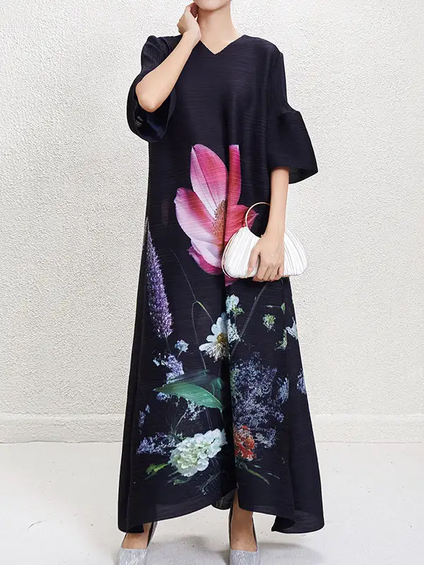 Flared Sleeves Pleated Neck Maxi Dress