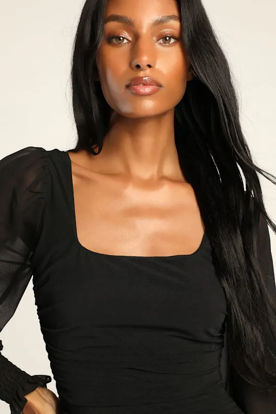 Perfect Sensation Dark Green Mesh Ruched Puff Sleeve Mini Dress