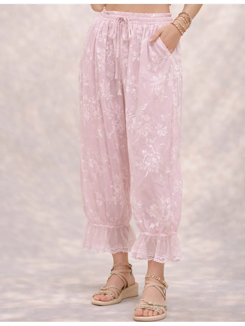 Lace Hem Flocked Elastic Waist Lantern Pants