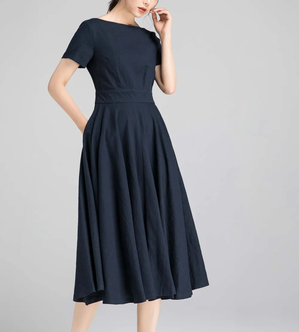 Refined Linen Cotton Fit And Flare Swing Boat Neck Short Sleeve Midi Dress
