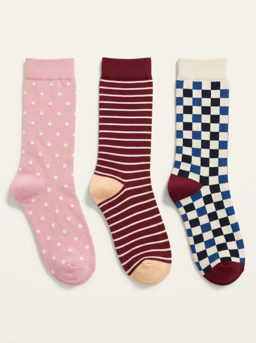 Weather Inspired Polka Dot Striped Checkerboard Three Pair Sock Set