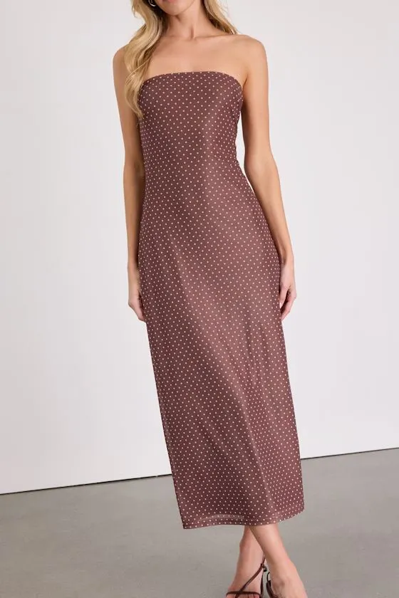 Jaylah Brown Polka Dot Mesh Strapless Midi Dress