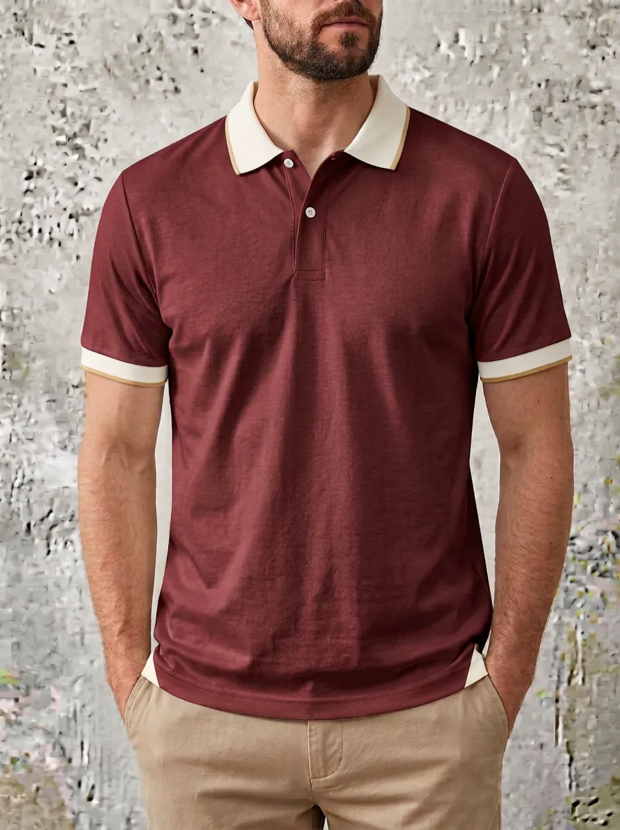 Men's Gray Textured Contrast-Collar Pattern Polo Shirt
