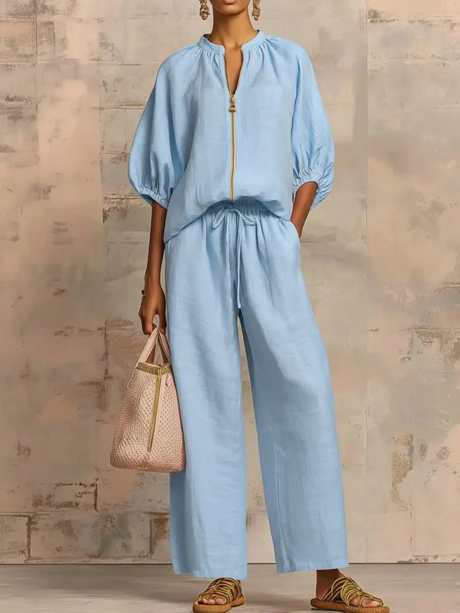 Half Sleeve Relaxed Drawstring Blouse And Pants Set