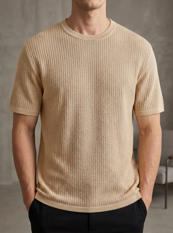 Textured-Knit Minimal Men's Knit Crew-Neck T-Shirt