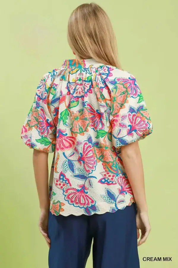 Polyester Mix Floral Print Scallop Hem Blouse