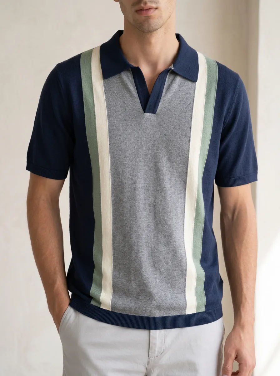 Men's Retro Vertical Stripe Knit Polo Shirt