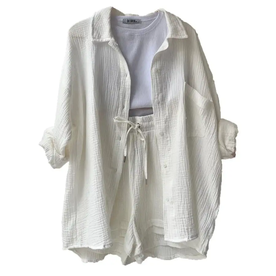 Relaxed Textured Button Up Shirt and Shorts Set