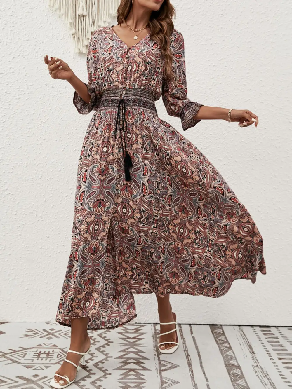 Paisley Print Slit Short Sleeve Midi Dress