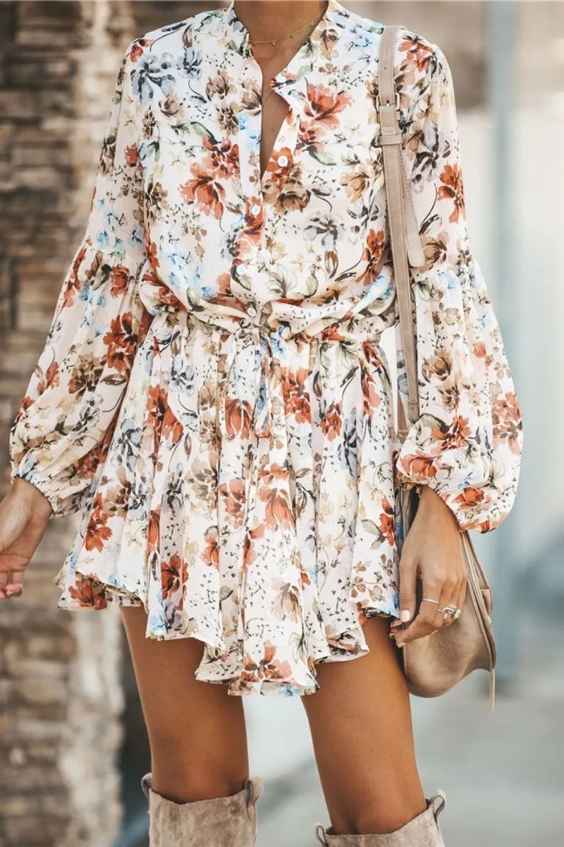 Floral Mini Long Puff Sleeves Dress
