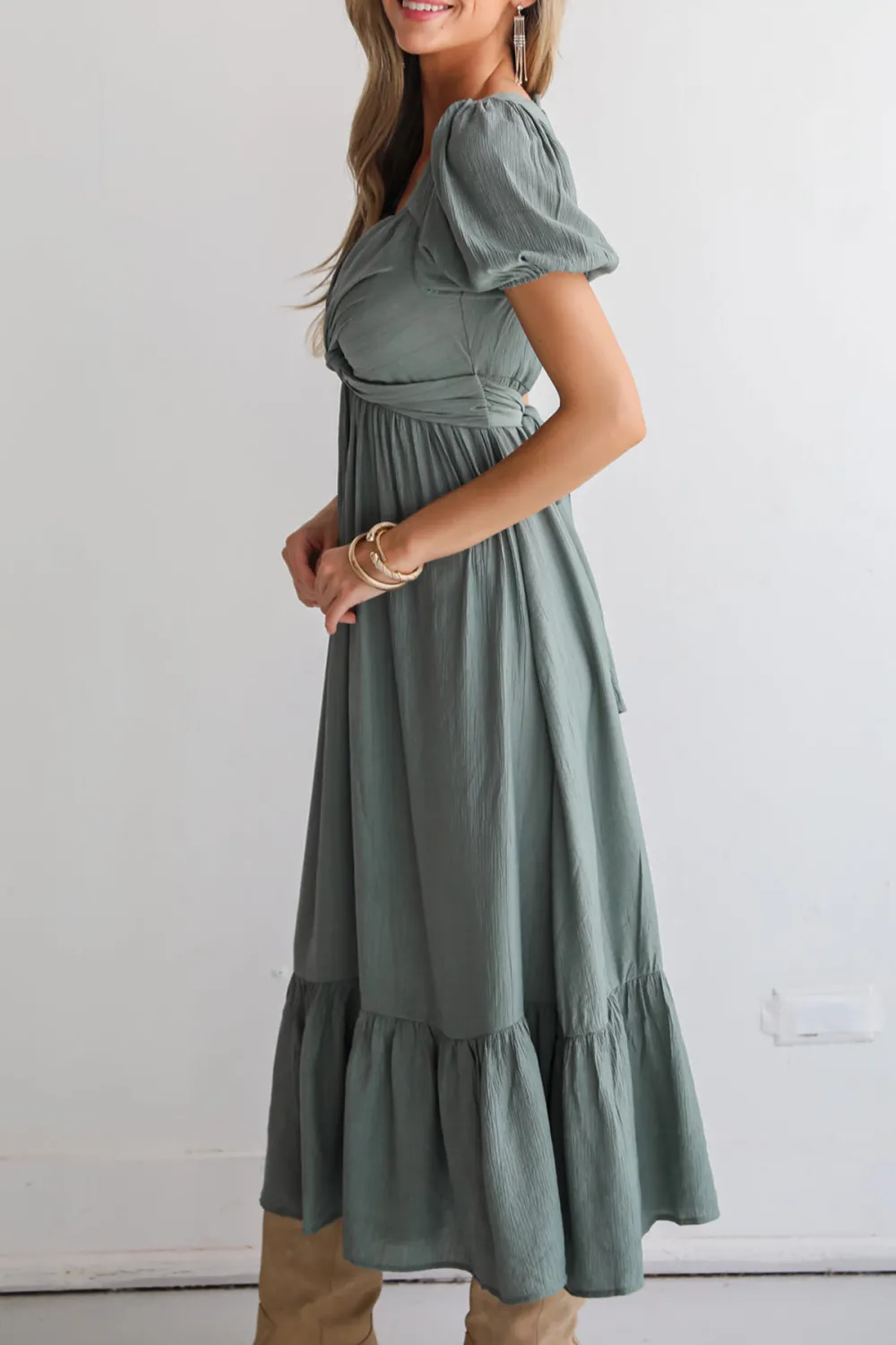 Unlined Sleeves Sage Midi Dress