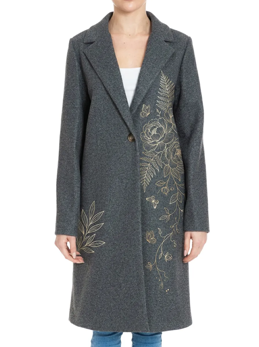 Women's Floral Butterfly Botanical Gold Printed Wool Coat