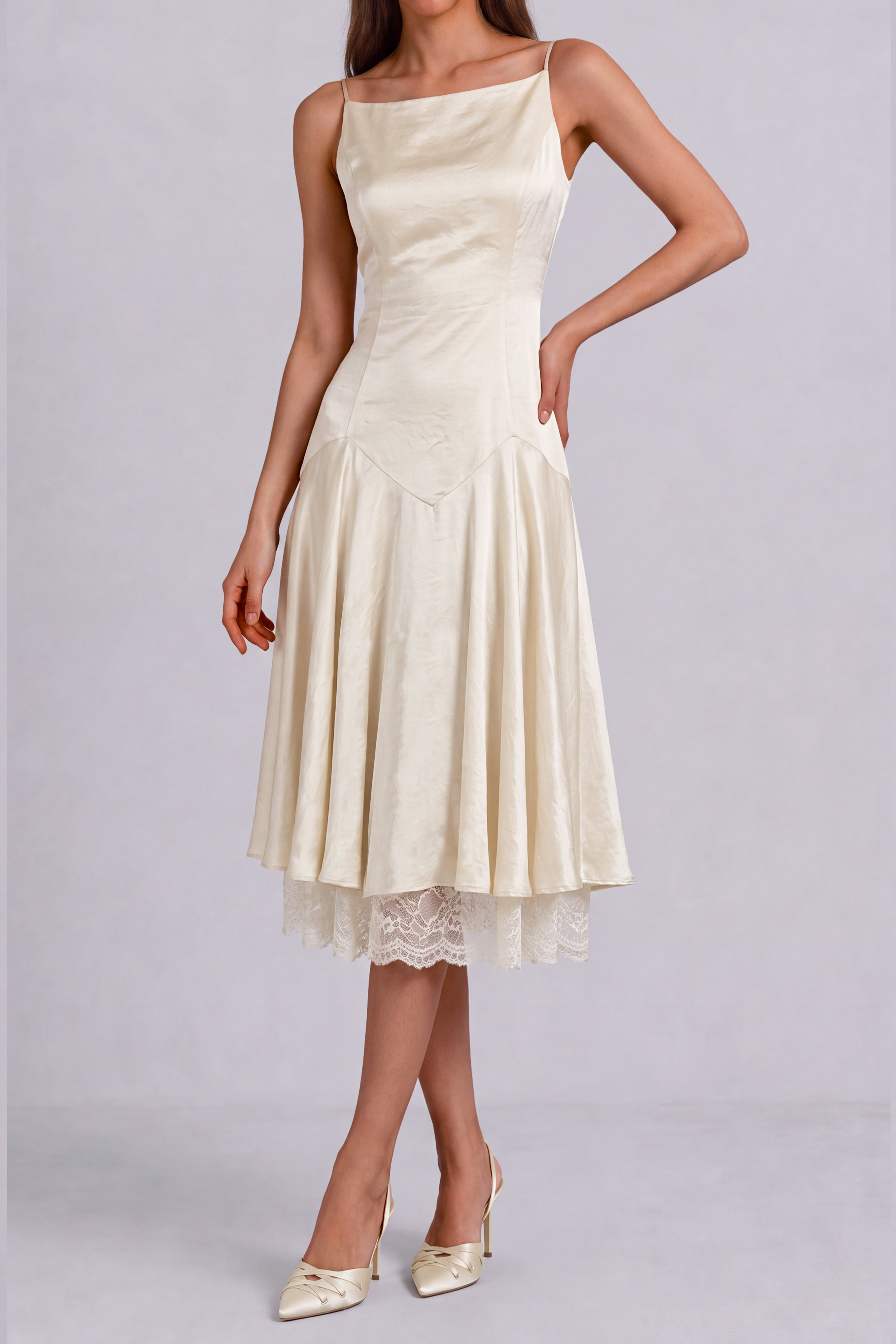 Modern Spaghetti Strap Lace Midi Dress