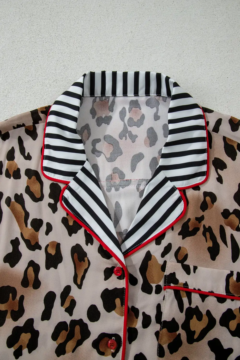 Cozy Leopard Print Striped Trim Long Pajama Set