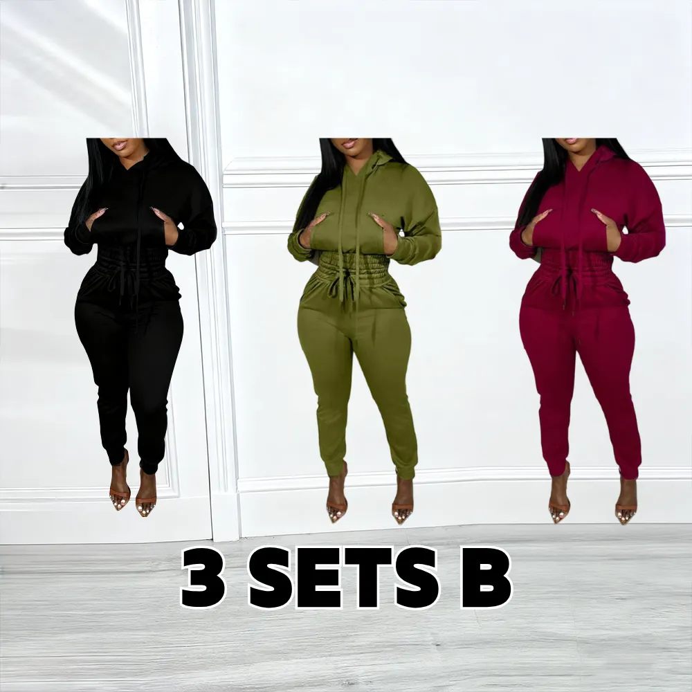 Women's Two-Piece Lounge Set with Hoodie and Shirred Waist Sweatpants Featuring Pocket Design