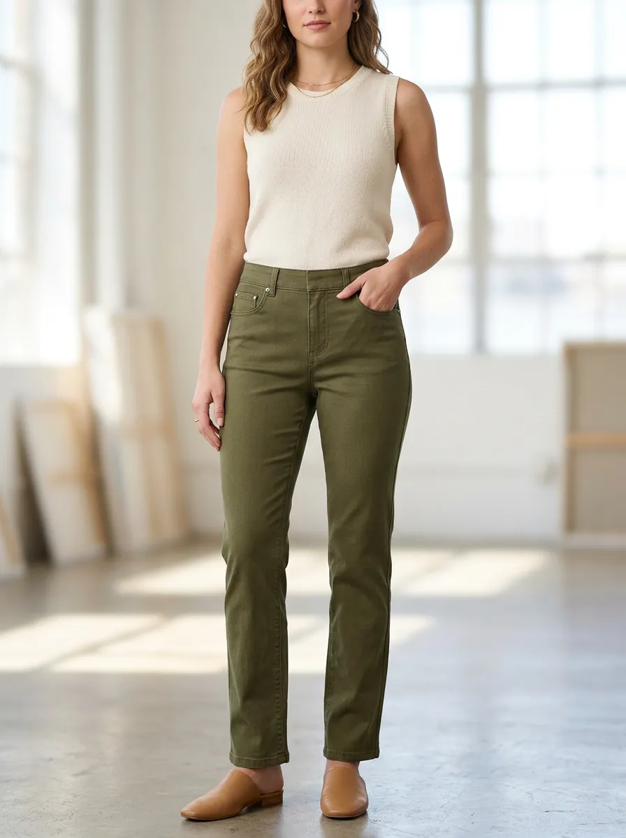 Women's Casual Mid-Rise Five-Pocket Straight-Leg Slim-Fit Pants