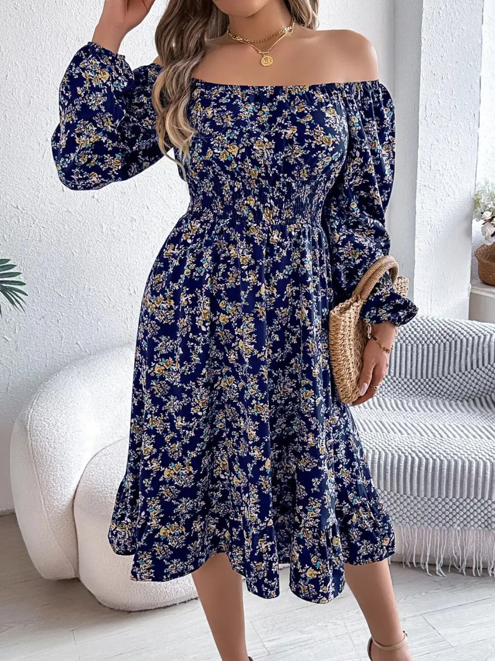 Floral Printed Square Neck Midi Dress