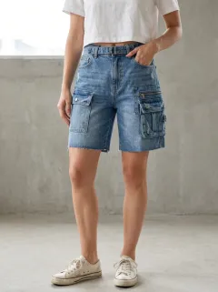 Women's Contemporary Casual Streetwear Distressed Cargo Denim Shorts