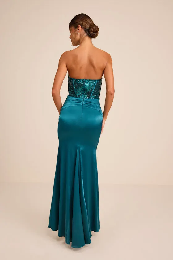Ria Emerald Sequin Strapless Mermaid Maxi Dress