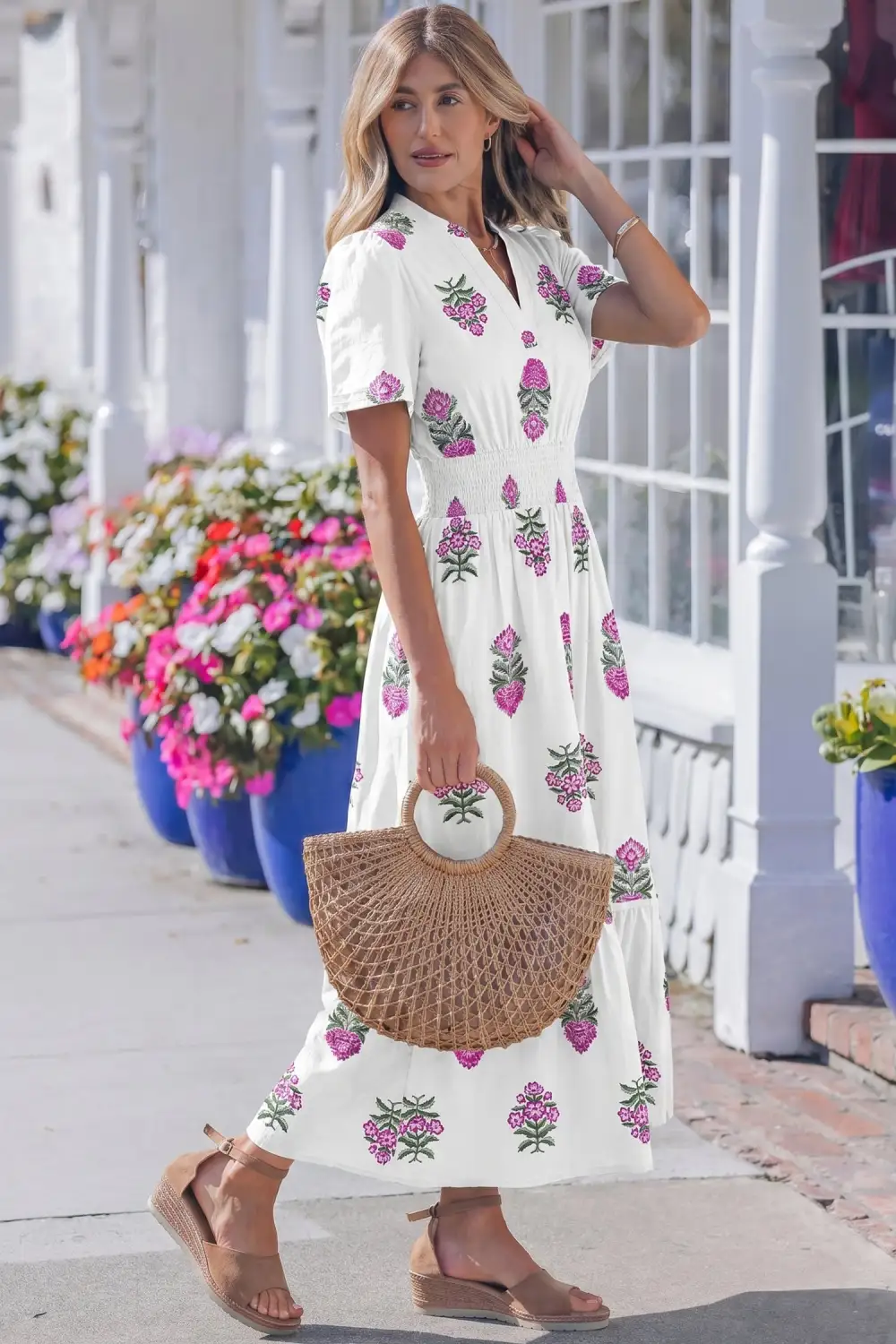 Polished Detail Floral Printed Split Neck Maxi Dress