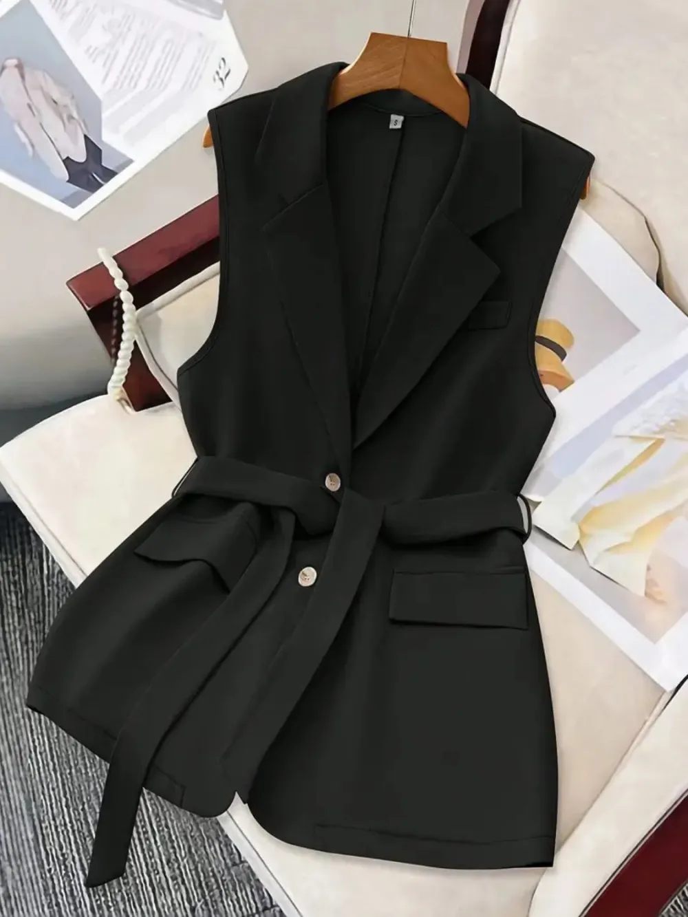 Lapel-Collar Sleeveless Tie-Waist Blazer