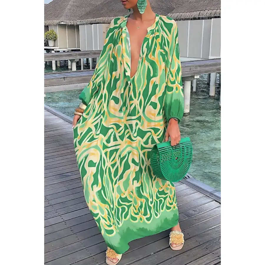 Abstract Print Buttoned Balloon Sleeve Dress