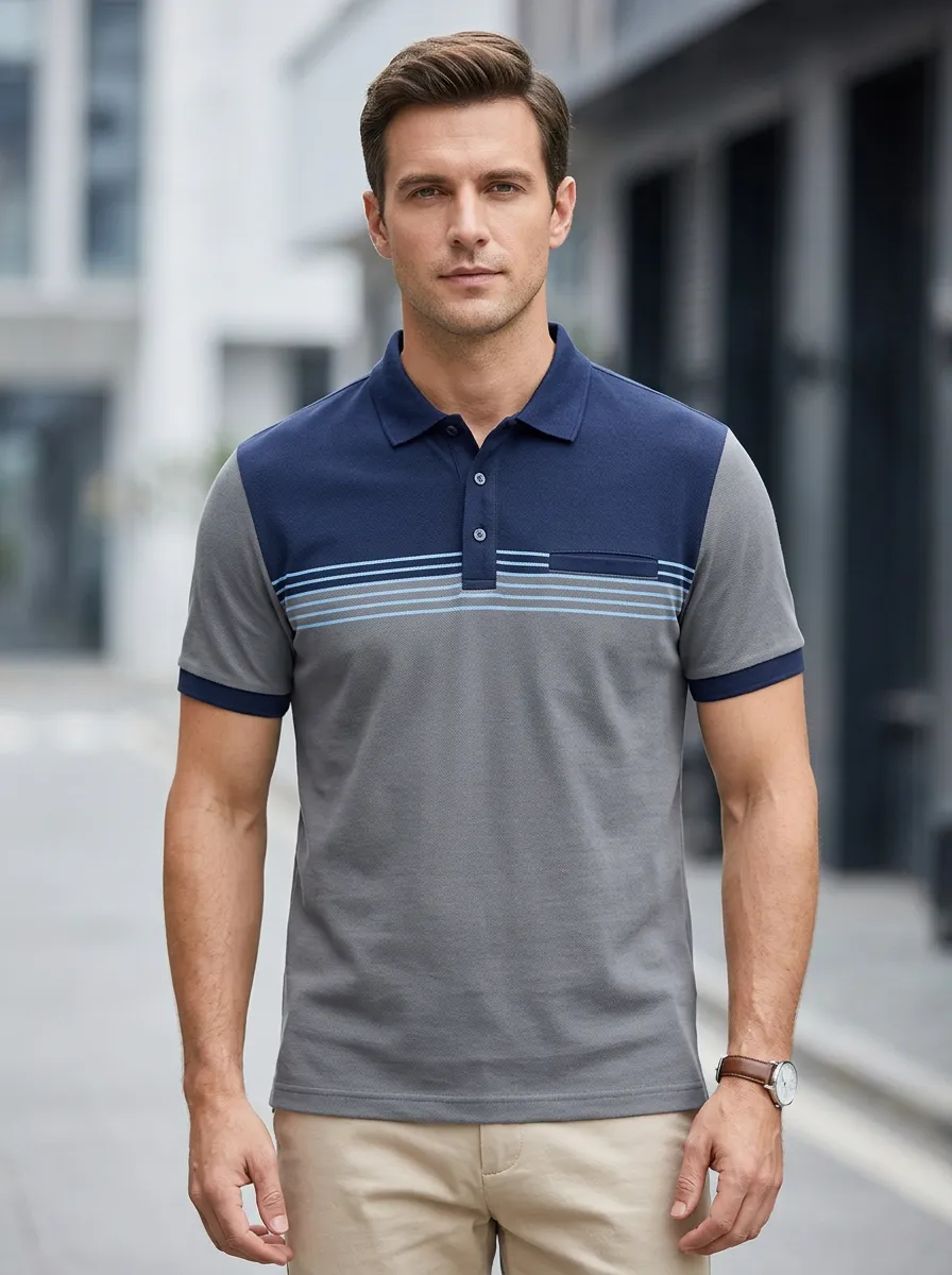 Men's Smart Casual Colorblock Striped Polo Shirt