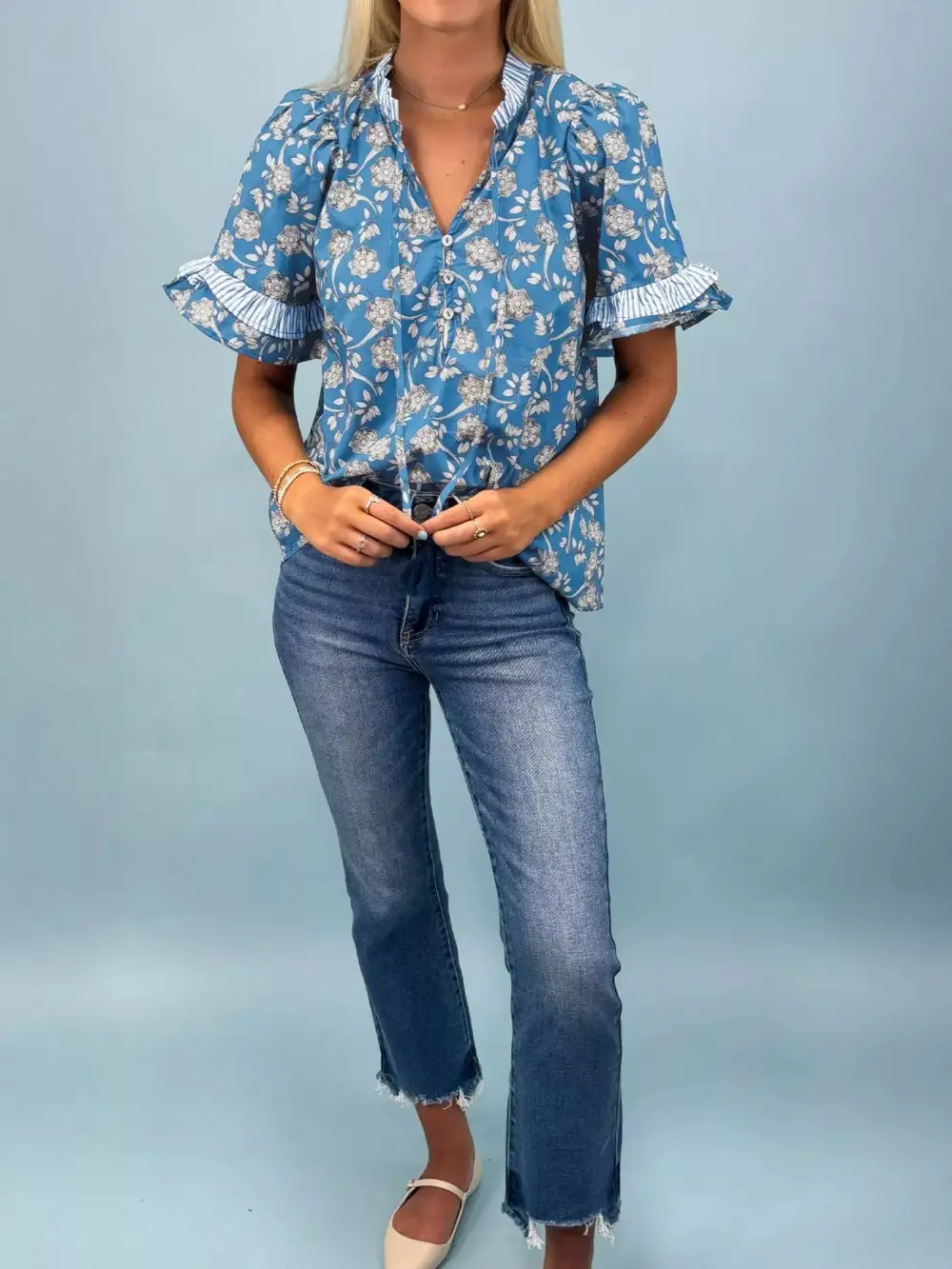 Relaxed Floral Print Ruffle Sleeve Blouse
