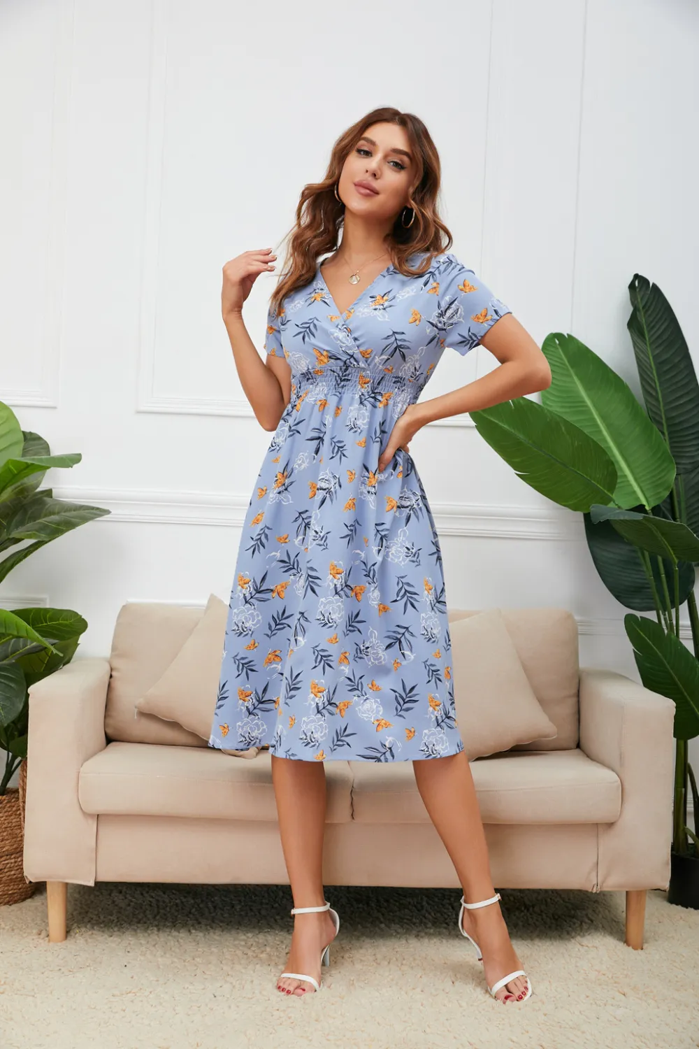 Chiffon Beach Dress Printed V-neck Short Sleeve Bohemian