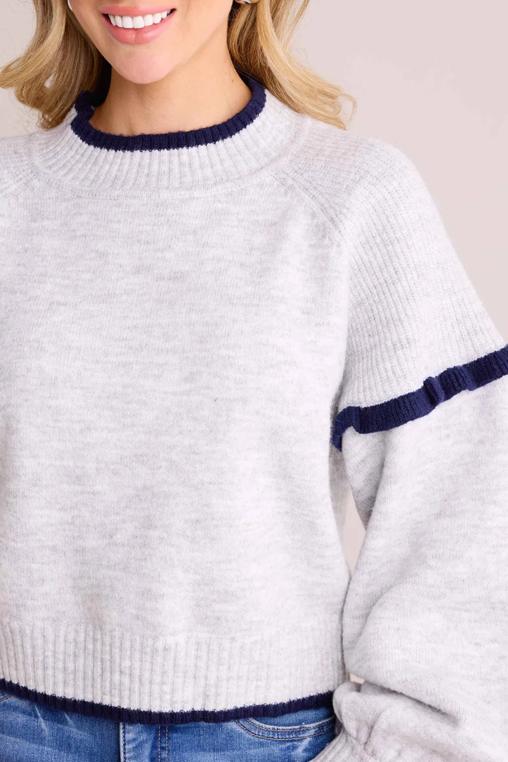 Grey Contrast Trim Crew Neck Long Sleeve Sweater