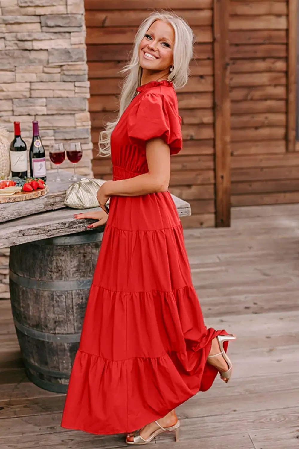 Soft Touch V Neck Tiered Puff Sleeve Maxi Dress