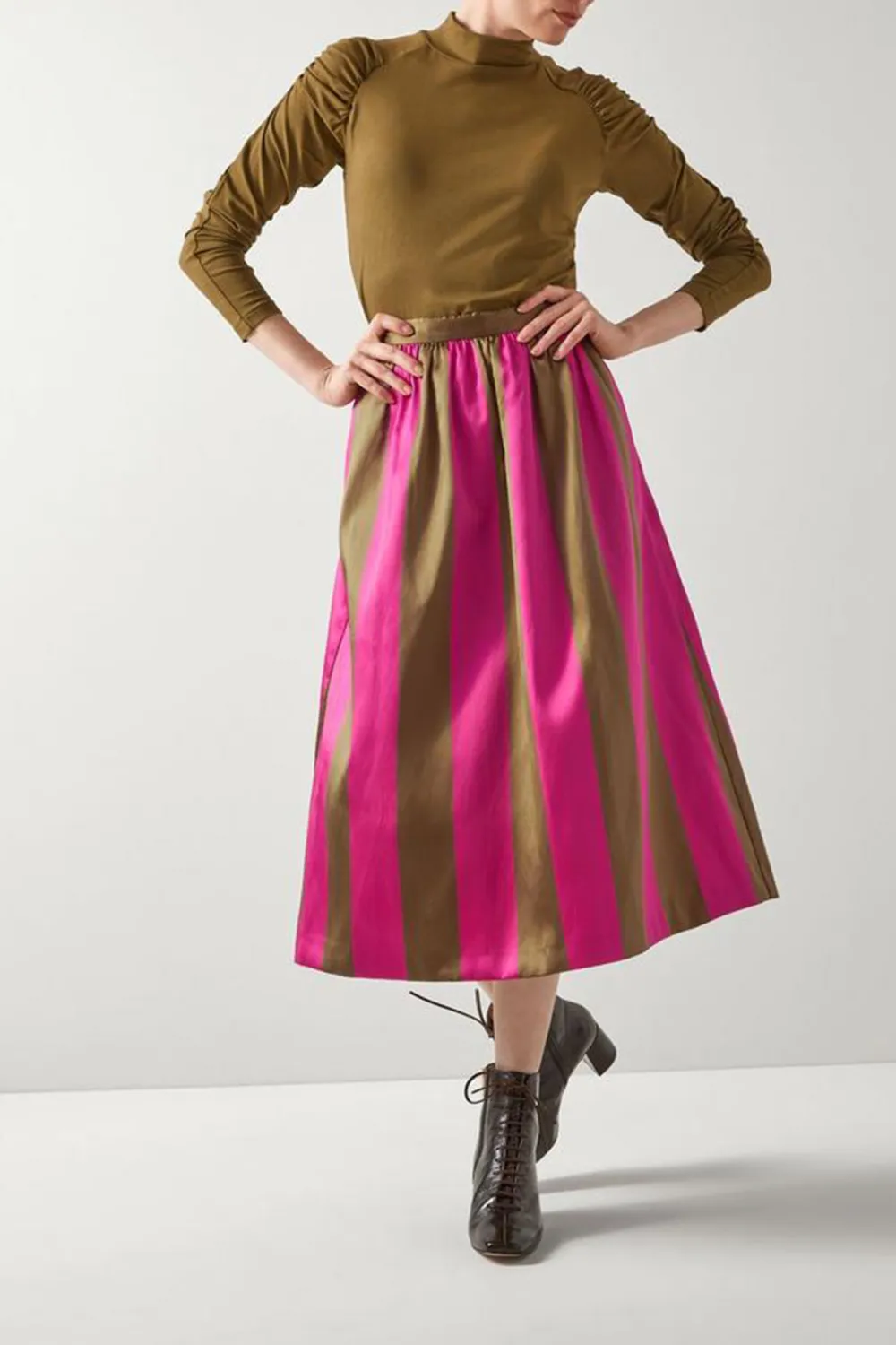 Olive & Magenta Striped Satin Midi Skirt