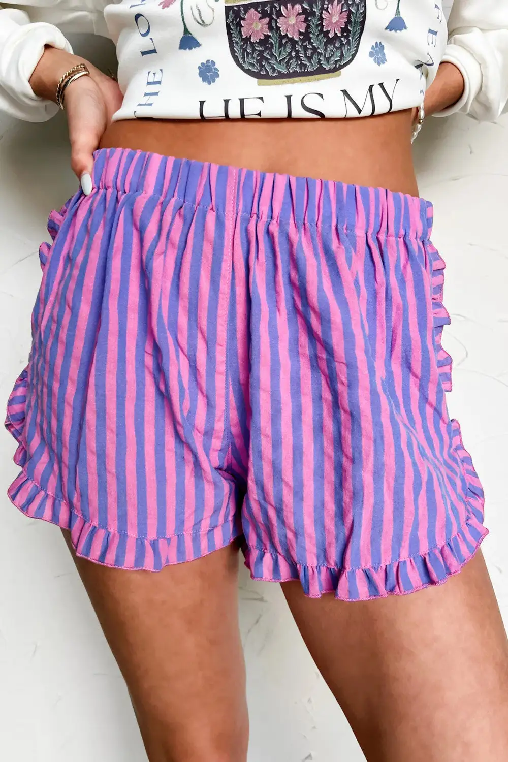 Striped Elastic Waist High Waist Ruffled Shorts